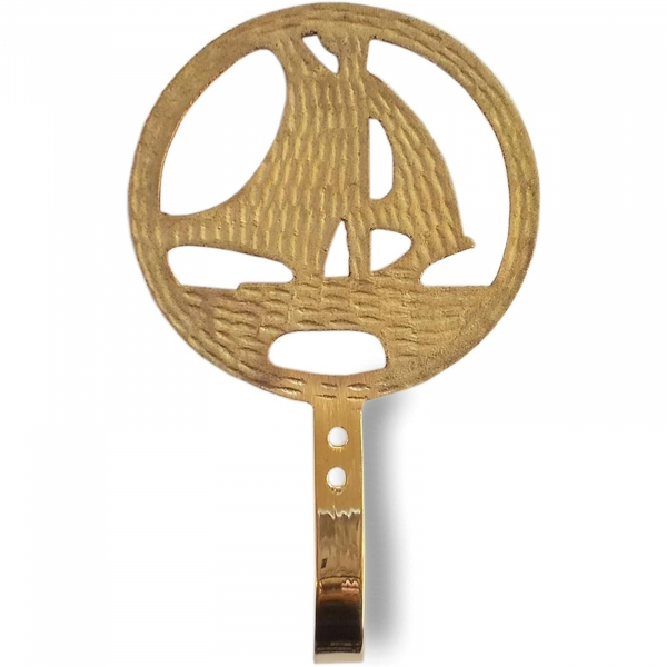 Maritimer Kleiderhaken aus Messing mit Segelboot Motiv Rund 14x8,5cm