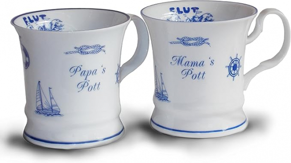 2er Set Kaffeebecher Mamas Pott + Papas Pott | Kaffeehaferl aus Porzellan mit Segelschiff, Steuerrad und Seemannsknoten