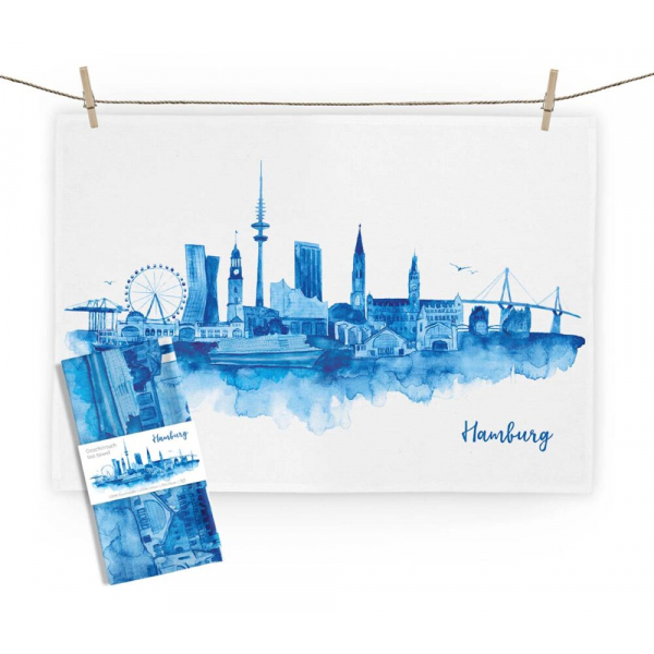 Geschirrtuch Hamburg blau – Skyline im Aquarell-Design