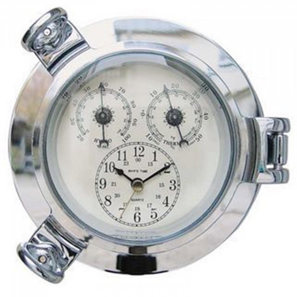 Uhr-, Thermo- und Hygrometer im Bullauge verchromt  14 cm