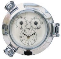 Uhr-, Thermo- und Hygrometer im Bullauge verchromt  14 cm