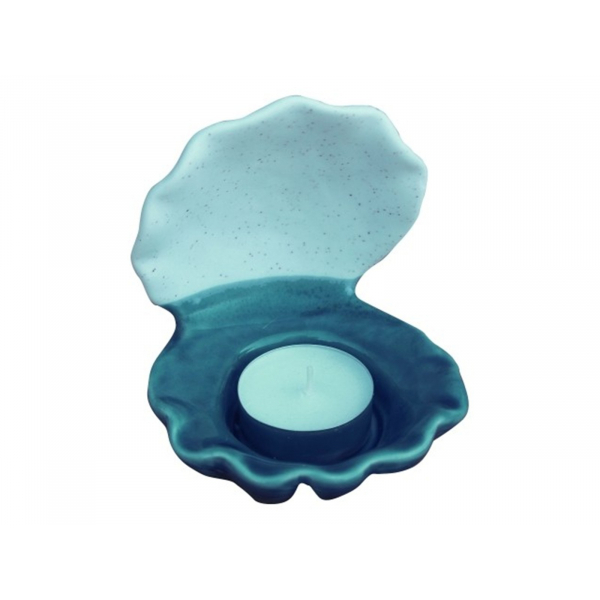 Teelicht Muschel, blau,/weissSteingut , 9x10,5x10,5 cm