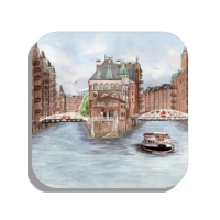 Glasuntersetzer Hamburger Speicherstadt – Aquarell