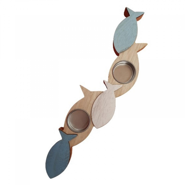 Maritimer Teelichthalter Fische | Halter für 2 Teelichter aus MDF mit blauen und weißen Fischen | 36 x 8,5 cm