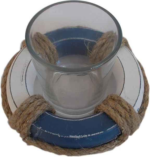 Maritimer Kerzenhalter - Deko Teelichthalter aus Glas mit Rettungsring aus Holz und Jute - Blau Weiß 11 x 7 cm