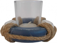 Maritimer Kerzenhalter - Deko Teelichthalter aus Glas mit Rettungsring aus Holz und Jute - Blau Weiß 11 x 7 cm