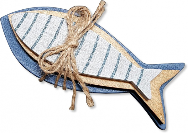 Dekorative Fischfiguren aus Holz, 3 Stück, blau, Natur, gestreift