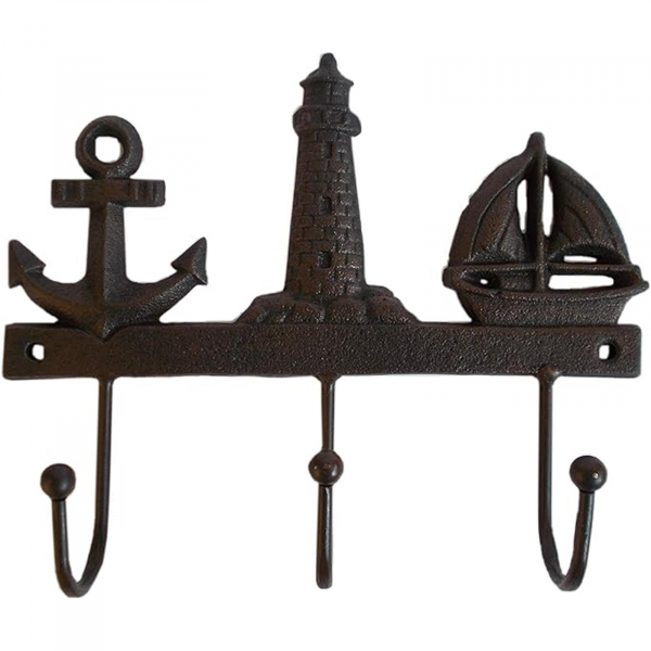 Maritimer Kleiderhaken aus Gusseisen - 3er Wand-Haken mit Leuchtturm, Anker und Schiff - 21 x 17 cm (Natur)