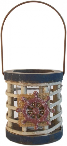 Maritimer Teelicht-Halter aus Holz mit Steuerrad - Laterne Windlicht mit Henkel zum Hängen und Glas-Einsatz für Teelichter - Blau Rostrot 9 x 10 cm
