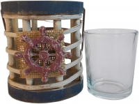 Maritimer Teelicht-Halter aus Holz mit Steuerrad - Laterne Windlicht mit Henkel zum Hängen und Glas-Einsatz für Teelichter - Blau Rostrot 9 x 10 cm