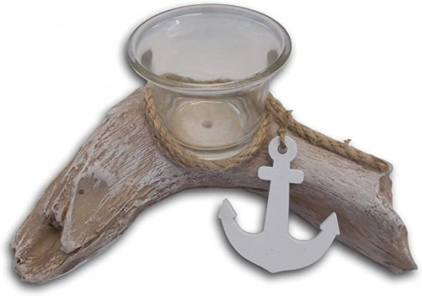 Maritimer Kerzenhalter in Treibholzoptik mit Anker für Teelichter - Natur und Weiß 17 x 7cm