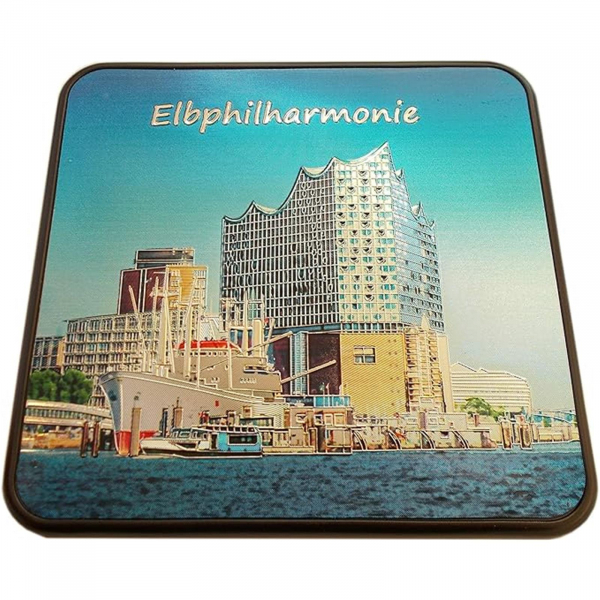 Premium Glasuntersetzer mit Hamburg Motiven - 6er Set Untersetzer mit HH Wahrzeichen und Wappen - 3D Metallic-Effekt 10 x 10 cm