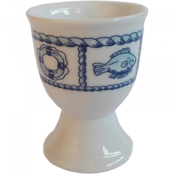 Porzellan & Glas Eierbecher mit maritimen Motiven - Schiffstau Segelschiff Anker Fisch Seepferdchen Rettungsring - Keramik