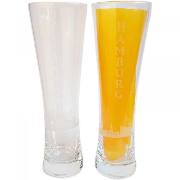 Hamburg Weizenglas mit geätztem Motiv - Maritime Bierglas mit Hamburger Skyline und Schriftzug - 500 ml