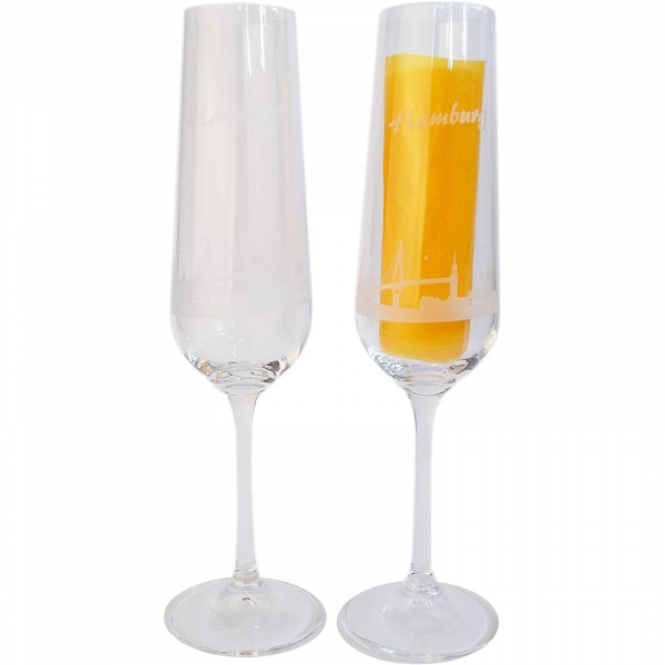 Hamburg Sektgläser 2er Set mit geätztem Motiv - Maritime Trinkgläser mit Hamburger Skyline und Schriftzug - 220 ml