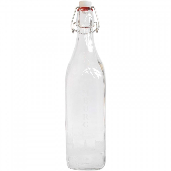 Hamburg Deko-Flasche mit geätztem Motiv und Bügelverschluss - Maritime Trinkflasche mit Hamburger Skyline und Schriftzug - 1 Liter