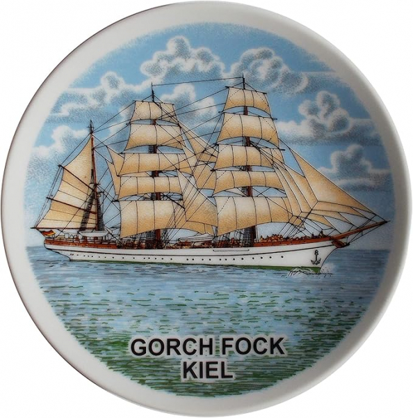 Maritimer Wandteller mit Segelschiff Gorch Fock Kiel | Porzellan Teller zum Hängen | Durchmesser 15 cm